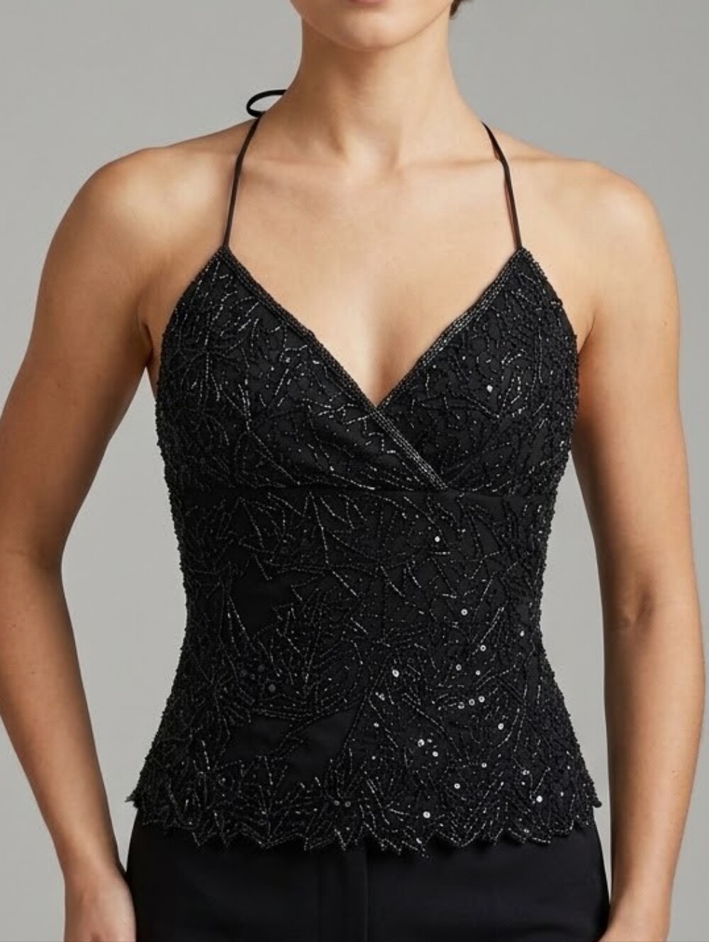 Y2K Beaded Black Spaghetti-Strap V-Neck Women's Top